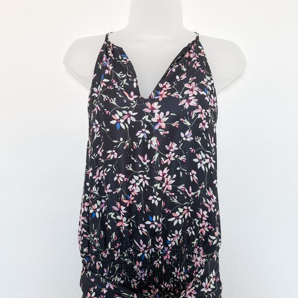 Parker Floral Print Halter Sleeveless Smocked Mini Dress Black Size Medium - Picture 2 of 7